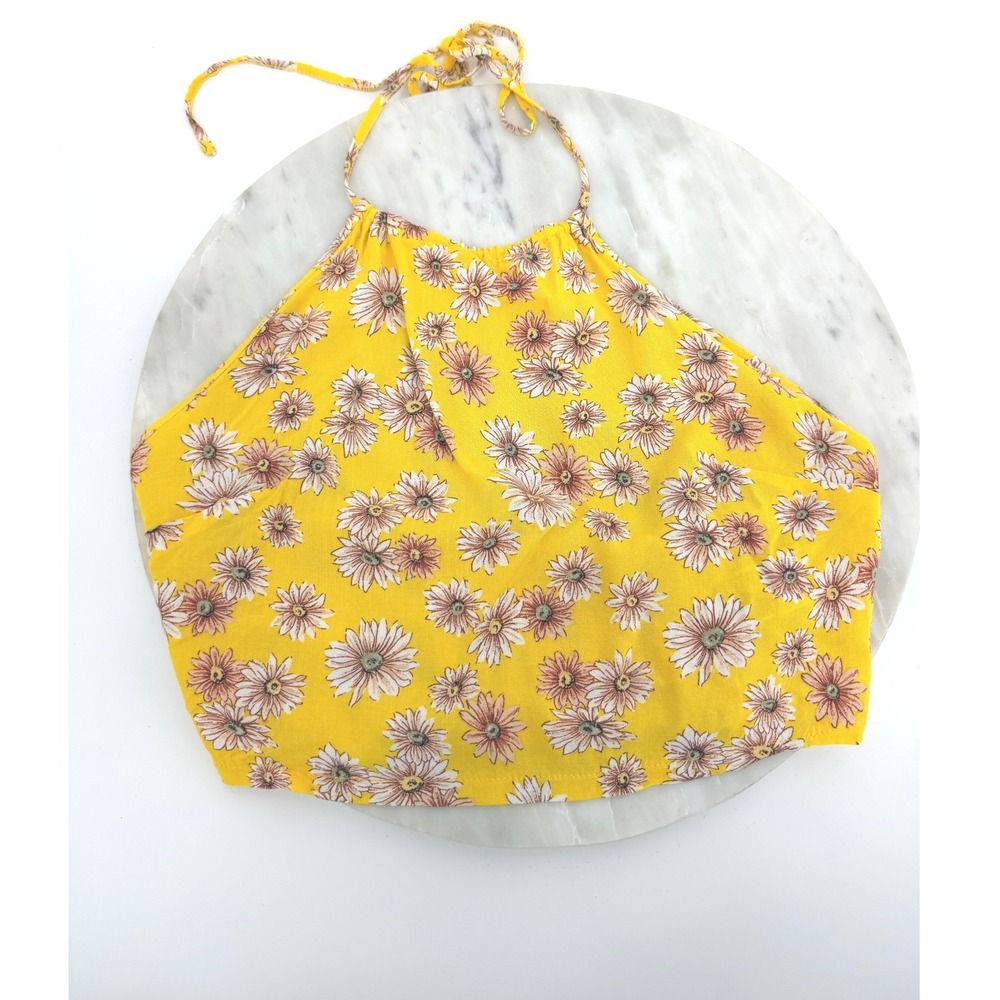 Forever 21 Yellow Daisy Floral Halter Crop Top Small Smocked Back Tie Neck